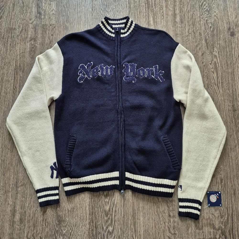 NY Yankees Genuine Merchandise Varsity Knit Bomber Sweater Navy Blue Cream S